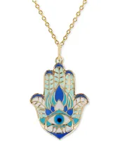 Enamel Evil Eye Hamsa Hand 18" Pendant Necklace in 14k Gold