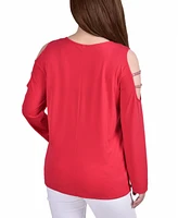 Ny Collection Petite Long Sleeve Knit Crepe Rhinestone Top