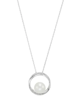 Honora Cultured Freshwater Pearl (9mm) & Diamond (1/10 ct. t.w.) Circle 18" Pendant Necklace in 14k White Gold
