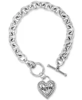 Guess Silver-Tone Pave Logo Heart Link Bracelet