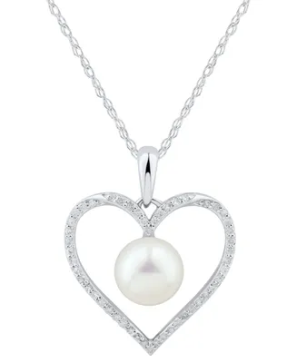 Cultured Freshwater Pearl (7mm) & Diamond (1/7 ct. t.w.) Heart 18" Pendant Necklace 14k Gold (Also White Gold)