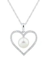 Cultured Freshwater Pearl (7mm) & Diamond (1/7 ct. t.w.) Heart 18" Pendant Necklace in 14k Gold (Also in White Gold)