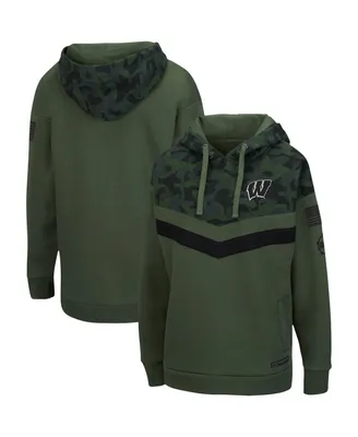 Women's Olive and Camo Wisconsin Badgers Oht Military-Inspired Appreciation Extraction Chevron Pullover Hoodie