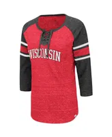 Women's Red and Heathered Charcoal Wisconsin Badgers Scienta Pasadena Raglan 3/4 Sleeve Lace-Up T-shirt