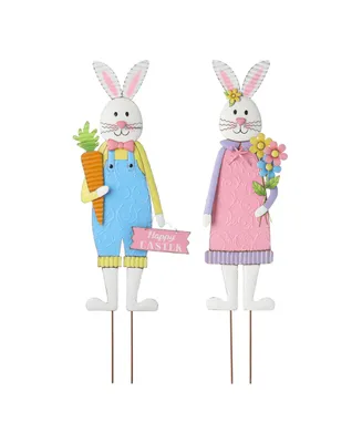 Glitzhome Metal Bunny Boy and Girl's Yard Stake or Standing Decor or Wall Decor, Set of 2