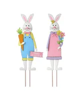 Glitzhome Metal Bunny Boy and Girl's Yard Stake or Standing Decor or Wall Decor, Set of 2