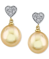 Cultured Golden South Sea Pearl (9mm) & Diamond Heart (1/10 ct. t.w.) Drop Earrings in 14k Gold