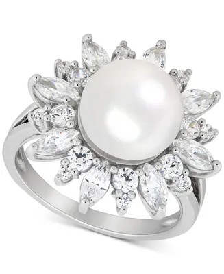 Cultured Freshwater Pearl (10mm) & Cubic Zirconia Flower Ring in Sterling Silver