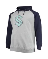 Men's Heathered Gray, Deep Sea Blue Seattle Kraken Big and Tall Raglan Pullover Hoodie