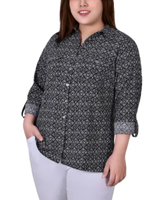 Ny Collection Plus 3/4 Sleeve Roll Tab Notch Collar Blouse