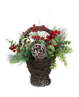 15" Eucalyptus Pine and Berry Artificial Christmas Grapevine Basket
