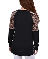 Petite Long Raglan Sleeve Tunic with Animal Print Insets Top