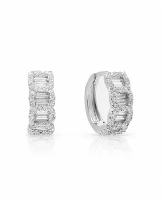 Pave and Baguette Cubic Zirconia Huggie Hoop Earrings