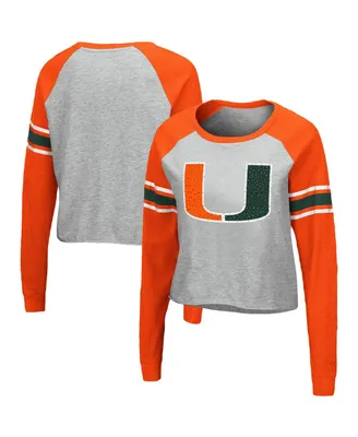 Women's Heathered Gray and Orange Miami Hurricanes Decoder Pin Raglan Long Sleeve T-shirt
