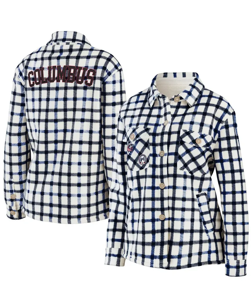 Women's Wear by Erin Andrews Oatmeal Columbus Blue Jackets Plaid Button-Up Shirt Jacket