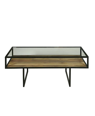 Iron Coffee Table with Glass Top and Wooden Shelf