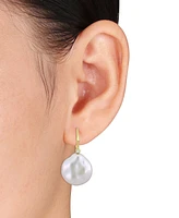 Cultured Freshwater Button Pearl (17-1/2 - 18mm) & Diamond (1/20 ct. t.w.) Leverback Drop Earrings in 14k Gold