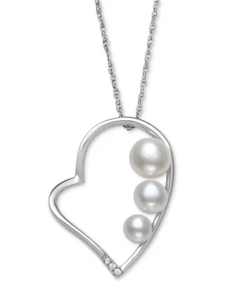 Belle de Mer Cultured Freshwater Button Pearl (4 - 6mm) & Cubic Zirconia Heart 18" Pendant Necklace in Sterling Silver