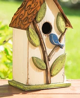 Glitzhome 9.75" Washed Birdhouse with 3D Tree and Bird