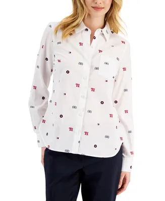 Tommy Hilfiger Women's Cotton monogram-logo stripe-print Shirt, Chili Pepper, Bright White, M