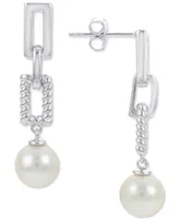Cultured Freshwater Pearl (8mm) Chain Link Drop Earrings in Sterling Silver