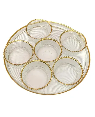 12" Seder Tray with Beaded Rim and Bowls Set, 7 Pieces - Gold