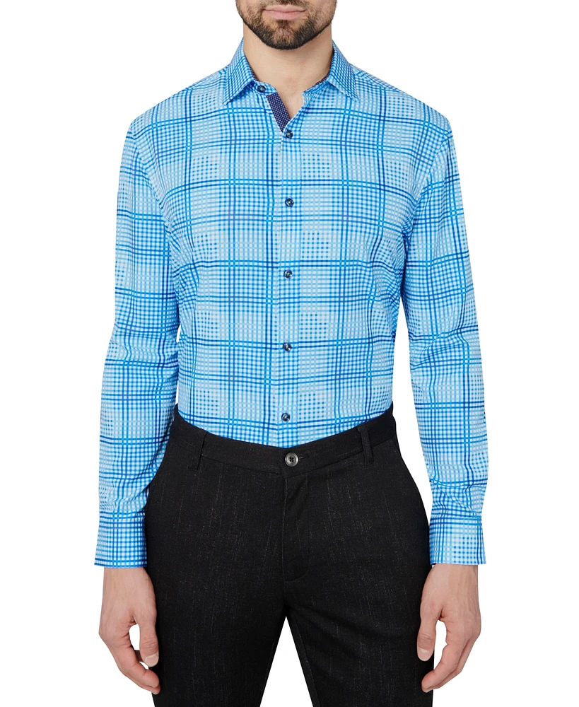 Men's Slim Fit Non-Iron Check-Print Performance Stretch Dress Shirt