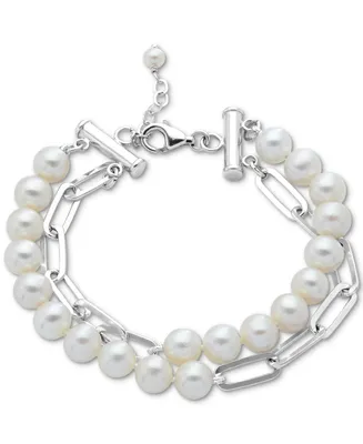 Cultured Freshwater Pearl (7-8mm) Paperclip Link Layered Bracelet in Sterling Silver