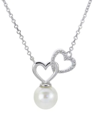 Cultured Freshwater Pearl (8-1/2mm) & White Topaz (1/10 ct. t.w.) Double Heart 18" Pendant Necklace in Sterling Silver