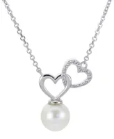 Cultured Freshwater Pearl (8-1/2mm) & White Topaz (1/10 ct. t.w.) Double Heart 18" Pendant Necklace in Sterling Silver