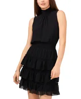 1.state Women's Smocked Sleeveless Mock Neck Tiered Mini Dress