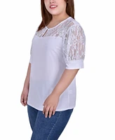 Plus Size Short Puff Sleeve Top with Lace Sleeves and Yoke