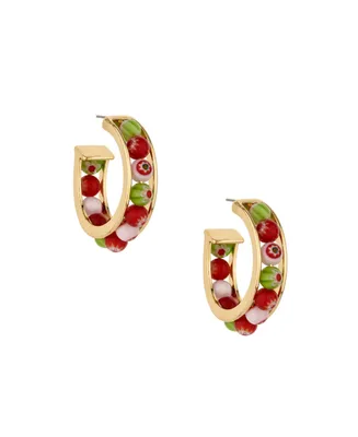 Ettika Green and Red Glass Beaded Hoop Earrings - Gold
