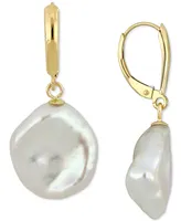Cultured Freshwater Coin Pearl (16mm) Leverback Drop Earrings in 14k Gold