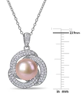 Pink Cultured Freshwater Pearl (10-1/2mm) & Cubic Zirconia Love Knot 18" Pendant Necklace in Sterling Silver