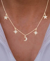 Cubic Zirconia Star & Moon Dangle Statement Necklace Sterling Silver, 16" + 2" extender (Also 14k Gold Over Silver)