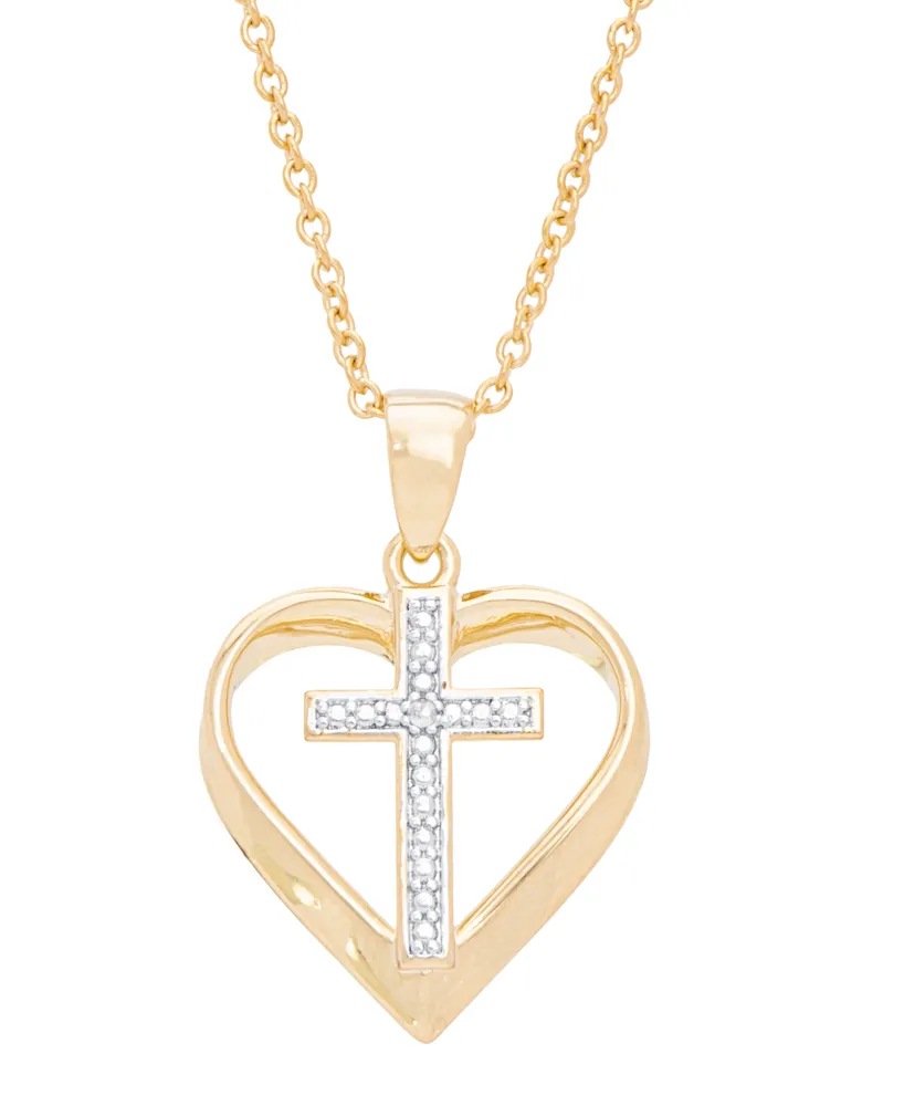 Diamond Accent Cross in Heart Pendant 18" Necklace in 14K Gold Plate