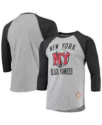 Men's Stitches Heather Gray, Black New York Black Yankees Negro League Wordmark Raglan 3/4 Sleeve T-shirt