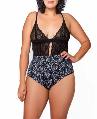 iCollection Plus Jasmine Lace and Printed Spandex Teddy