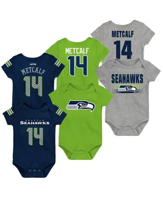 Unisex Newborn Infant Dk Metcalf College Navy and Neon Green Heathered Gray Seattle Seahawks Three-Pack Name Number Bodysuit Set