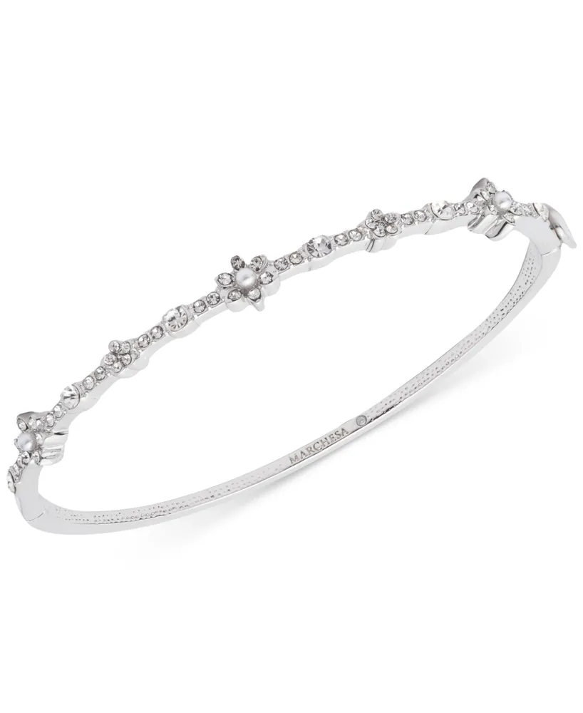 Marchesa Crystal & Imitation Pearl Flower Bangle Bracelet