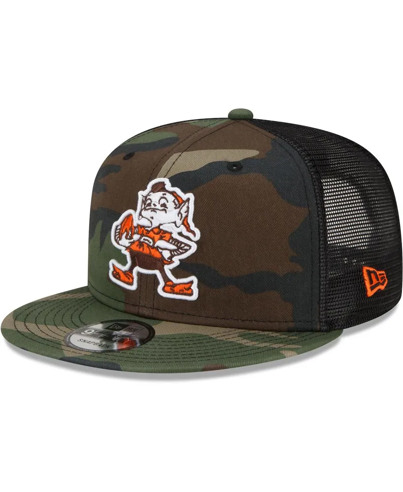 Men's New Era Brown Cleveland Browns Throwback Logo A-Frame Trucker 9FORTY Adjustable Hat