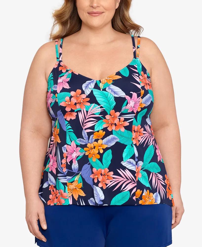 Swim Solutions Plus Size Printed Double-Strap Princess Tankini Top, Created  For Macy's