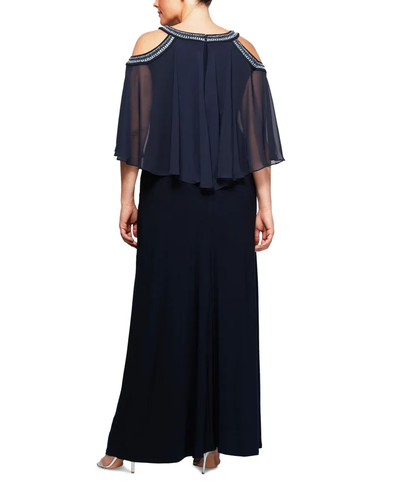 Alex Evenings Plus Beaded Cold-Shoulder Overlay Gown