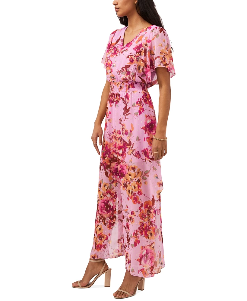 Msk Petite V-Neck Floral-Print Chiffon Jumpsuit