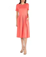 24seven Comfort Apparel Midi Dress with Short Sleeves and Pocket Detail