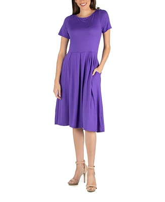 24seven Comfort Apparel Midi Dress with Short Sleeves and Pocket Detail