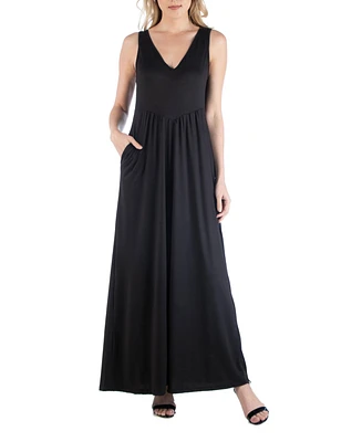 24seven Comfort Apparel Women's Sleeveless V-Neck Maxi Dress with Pocket Detail