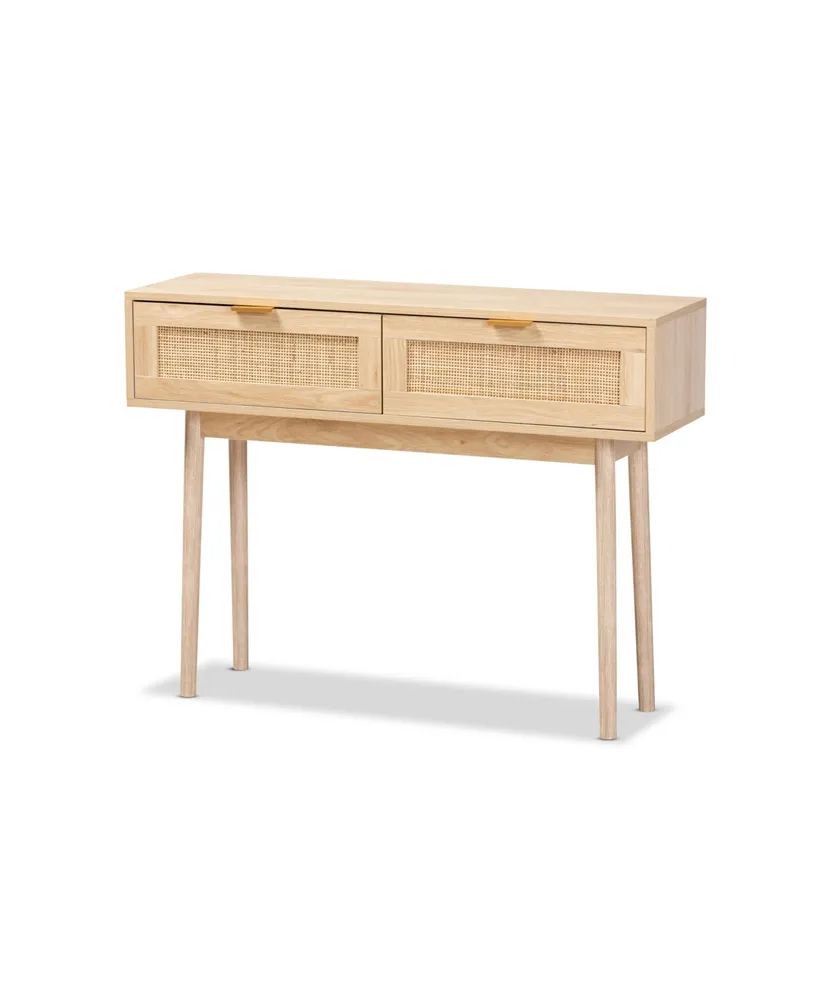 Baird Mid-Century Modern Finished Wood and Rattan 2 Drawer Console Table