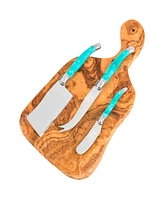 French Home Olive Wood 13-inch Cheese Board and Set of 3 Laguiole Cheese Knives with Faux Turquoise Handles